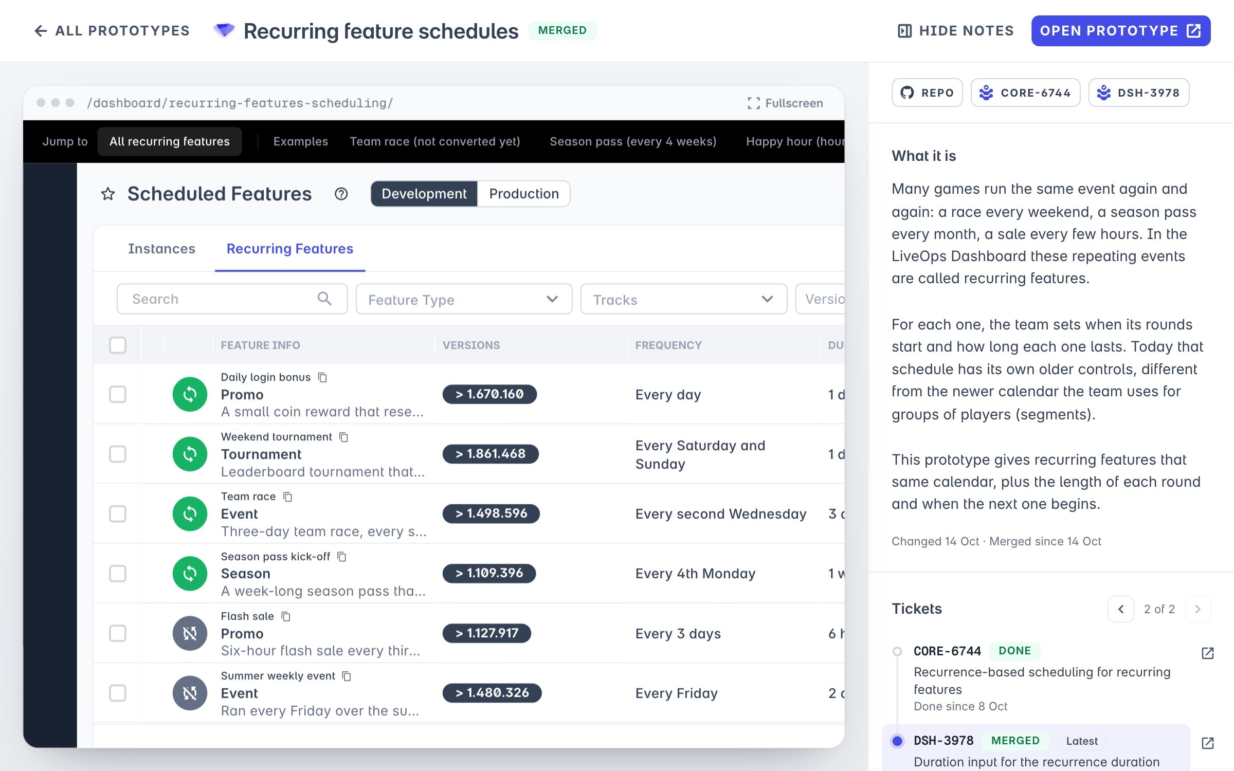 A prototype's details page with What's new, its tickets and status